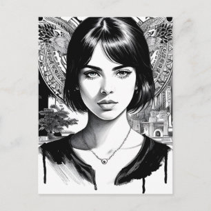 Beautiful woman in black and white  postcard