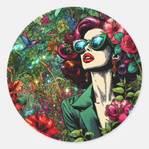 Beautiful Woman in Garden of Flowers Classic Round Sticker