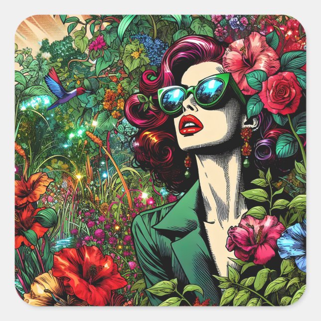 Beautiful Woman in Garden of Flowers Square Sticker (Front)