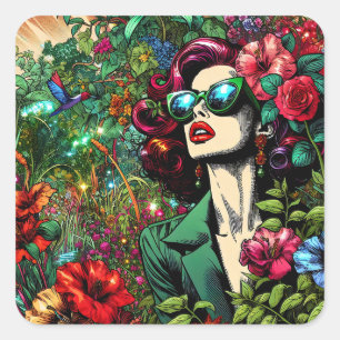 Beautiful Woman in Garden of Flowers Square Sticker
