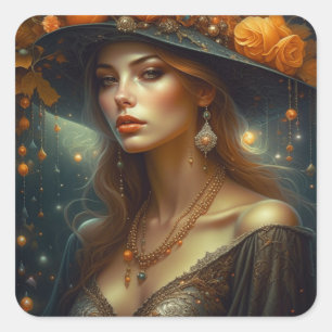 Beautiful Woman in Hat Ethereal Ai Art Square Sticker