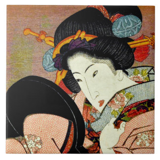 Beautiful Woman in Mirror by Utagawa Kunimaru Tile