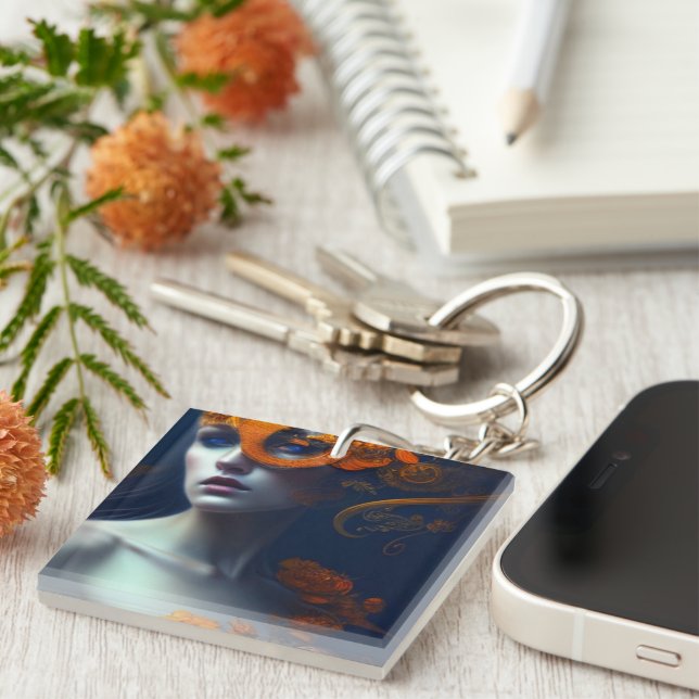 Beautiful Woman in Orange AI Generated Art Key Ring (Front Right)