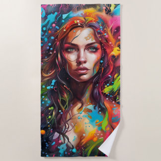Beautiful woman in painting beach towel