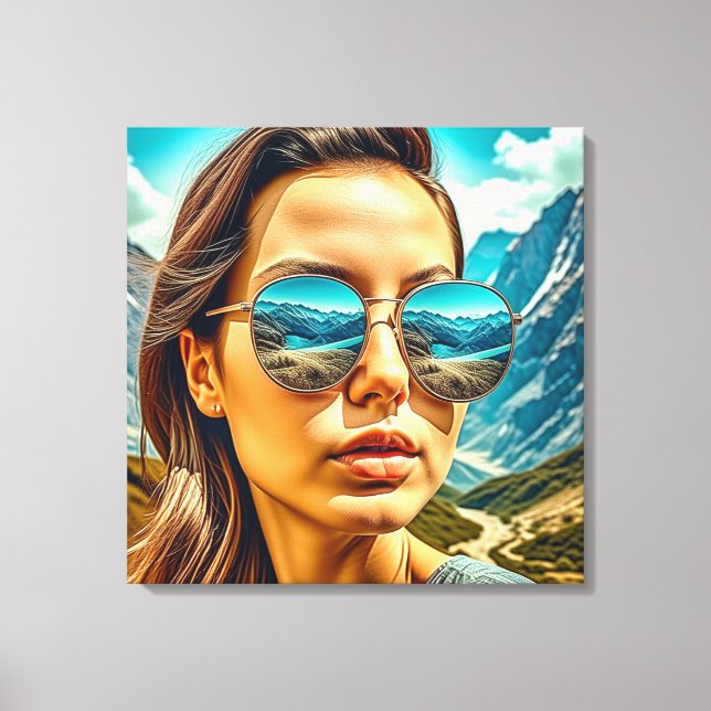 Beautiful Woman in Sunglasses Mountain Reflectoin Canvas Print (Front)