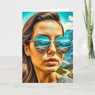 Beautiful Woman in Sunglasses Mountain Reflectoin Card