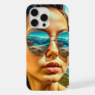 Beautiful Woman in Sunglasses Mountain Reflectoin iPhone 15 Pro Max Case