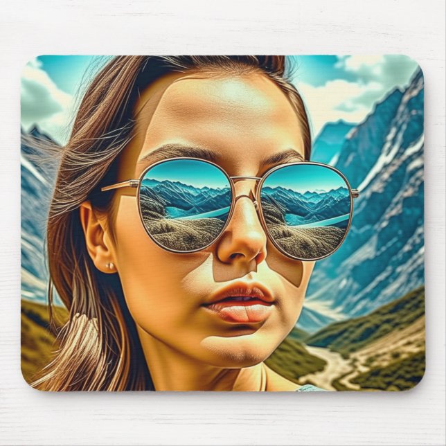 Beautiful Woman in Sunglasses Mountain Reflectoin Mouse Mat (Front)