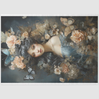 Beautiful Woman in Vintage Dress with Butterflies Tissue Paper