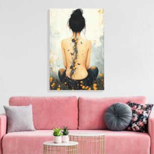 Beautiful Woman, Ink, Wildflowers and Butterflies Canvas Print
