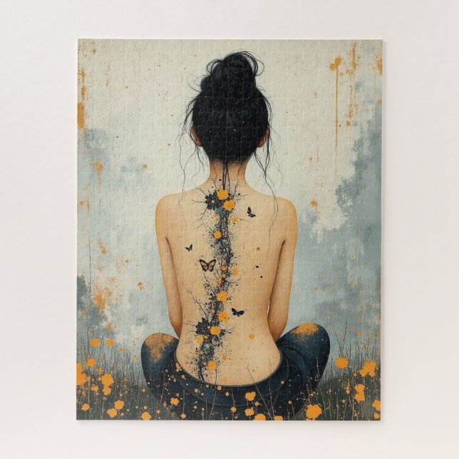 Beautiful Woman, Ink, Wildflowers and Butterflies Jigsaw Puzzle (Vertical)