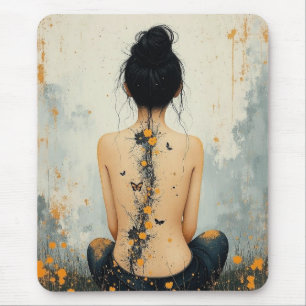 Beautiful Woman, Ink, Wildflowers and Butterflies Mouse Mat