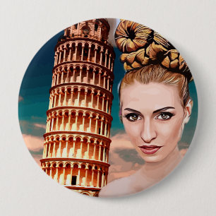Beautiful woman leaning tower of pisa abstract art 10 cm round badge