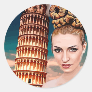 Beautiful woman leaning tower of pisa abstract art classic round sticker