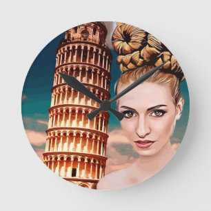 Beautiful woman leaning tower of pisa abstract art round clock