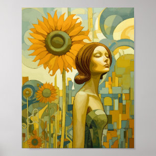 Beautiful Woman Looking To The Sky Sunflower Poster
