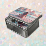 Beautiful Woman Meditating on Beach Blank Jigsaw Puzzle<br><div class="desc">Beautiful woman meditating on a beach of white sand and shiny sea glass. Pink and blue fluffy clouds and pale blue water.</div>