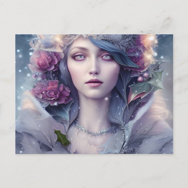 Beautiful Woman of Winter Floral and Snow  Postcard (Front)