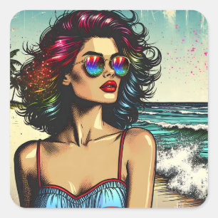 Beautiful Woman on Beach Comic Book Pop Art Square Sticker