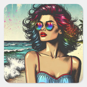 Beautiful Woman on Beach Comic Book Pop Art Square Sticker