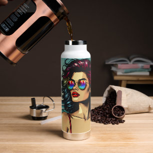 Beautiful Woman on Beach Comic Book Pop Art Water Bottle