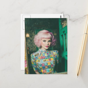 Beautiful Woman Pink Hair in the Mirror Postcard