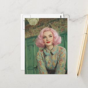Beautiful Woman Pink Hair Retro House Postcard