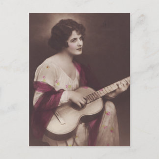 Beautiful Woman Playing Guitar Vintage Glamour Postcard