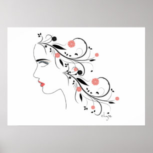 Beautiful Woman Profile with flowers and swirls Poster