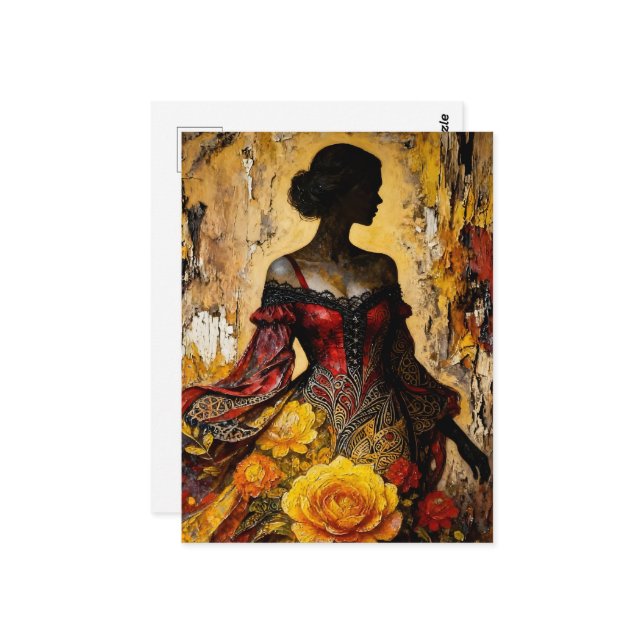Beautiful Woman Red Dress Yellow Roses Postcard (Front/Back In Situ)