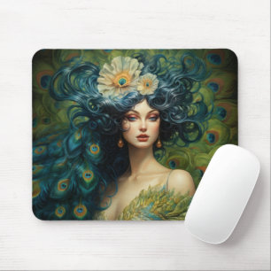 Beautiful Woman Surrounded by Peacock Feathers Mouse Mat