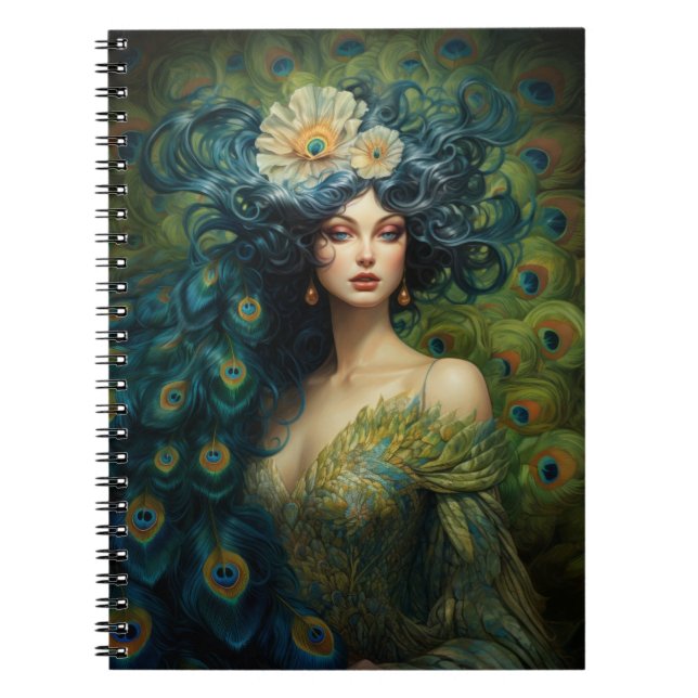 Beautiful Woman Surrounded by Peacock Feathers Notebook (Front)