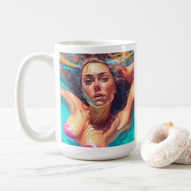 Beautiful Woman Under Water AI Art Coffee Mug (With Donut)
