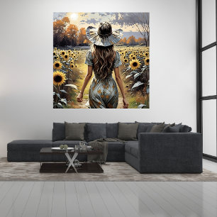 Beautiful Woman Walking Among Sunflowers Poster
