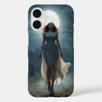Beautiful Woman Walking In a Moonlit Cemetery