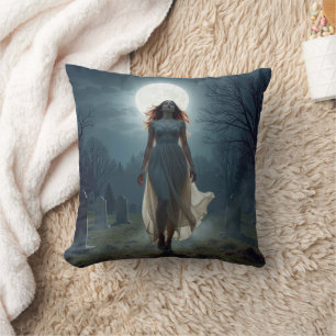 Beautiful Woman Walking In a Moonlit Cemetery Cushion