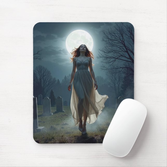 Beautiful Woman Walking In a Moonlit Cemetery Mouse Mat (With Mouse)