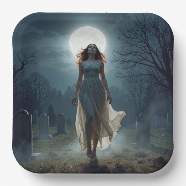 Beautiful Woman Walking In a Moonlit Cemetery Paper Plate (Front)