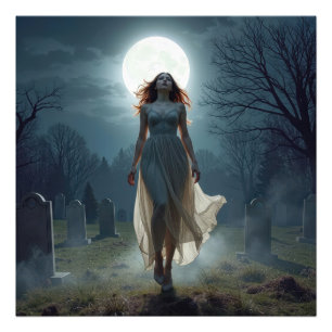 Beautiful Woman Walking In a Moonlit Cemetery Photo Print