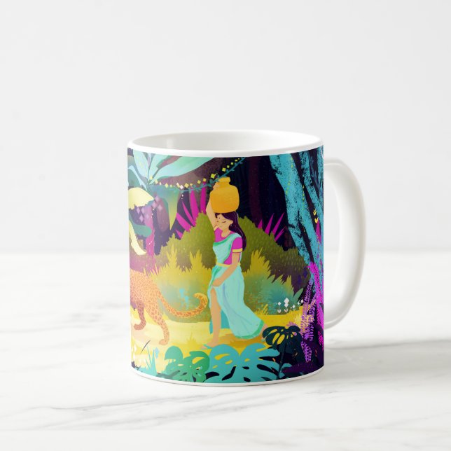 Beautiful woman walking the jungle with leopard coffee mug (Front Right)