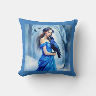 Beautiful Woman with a Raven, in a Snowy Forest Cushion