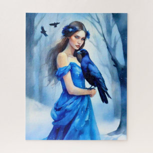 Beautiful Woman with a Raven, in a Snowy Forest Jigsaw Puzzle