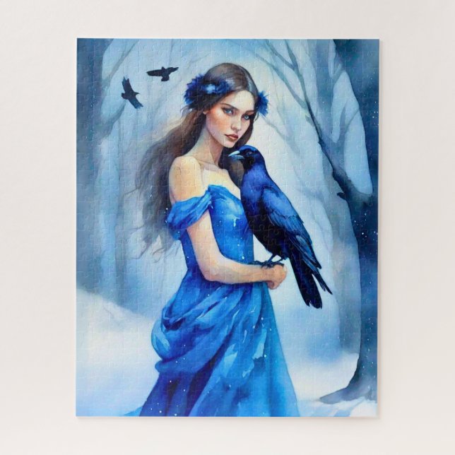 Beautiful Woman with a Raven, in a Snowy Forest Jigsaw Puzzle (Vertical)