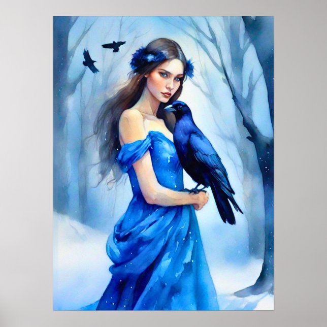 Beautiful Woman with a Raven, in a Snowy Forest Poster (Front)
