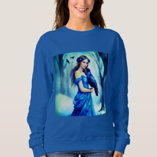 Beautiful Woman with a Raven, in a Snowy Forest Sweatshirt
