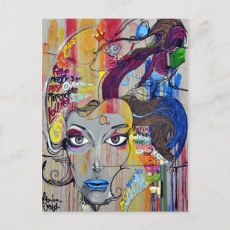 Beautiful woman with blue lips graffiti postcard