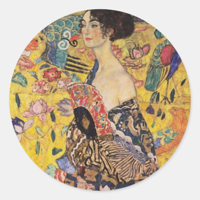 Beautiful Woman with Fan by Klimt Classic Round Sticker (Front)