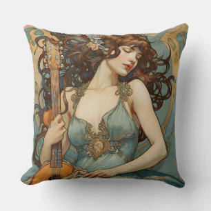 Beautiful Woman With Guitar Art Nouveau Pillow