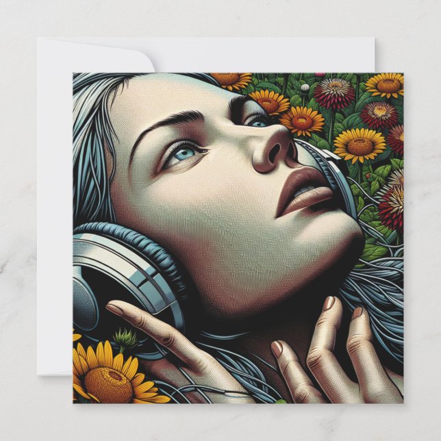 Beautiful Woman with Headphones in Sunflowers (Front)