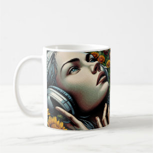 Beautiful Woman with Headphones in Sunflowers Coffee Mug